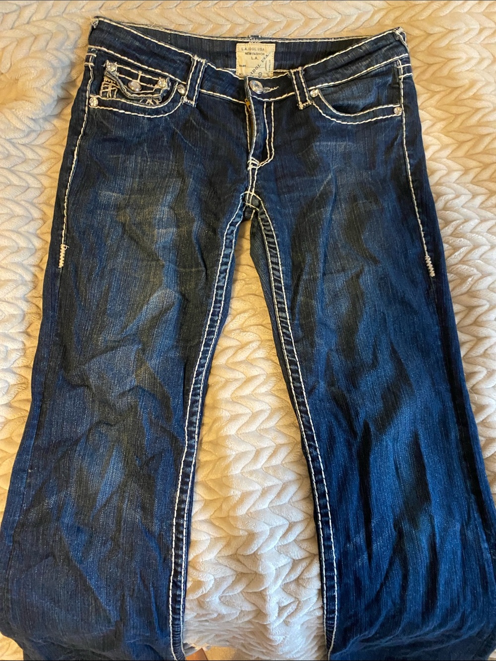 L.A. idol Dark Indigo Boot Cut Jeans with White Stitching
